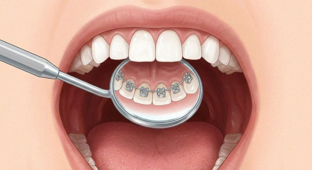 نمای داخلی ارتودنسی لینگوال یا سیمکشی پشت دندان با آینه دندانپزشکی